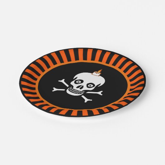 Halloween schedel op zwart & sinaasappel papieren bordje (Gekanteld)