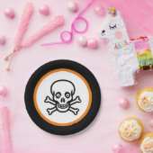 Halloween schedel op zwart, sinaasappel & wit papieren bordje (Feest)