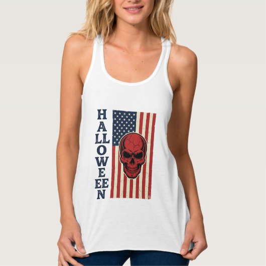 Halloween Schedel Patriottische Vintage Verschrikk Tanktop (Voorkant)