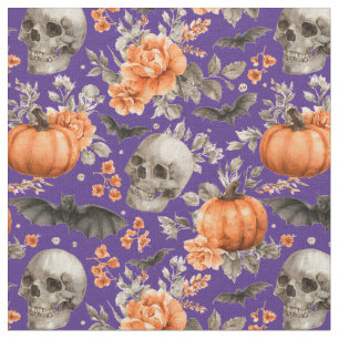 Halloween schedel vleermuizen en bloemen Paarse Stof