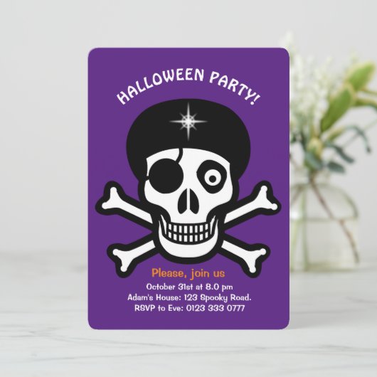 Halloween schedels op sinaasappel & purpIe uitnodi Kaart (Staand voorkant)