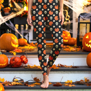 Halloween Schedels, Pompoenen en Bloemen Zwart Leggings