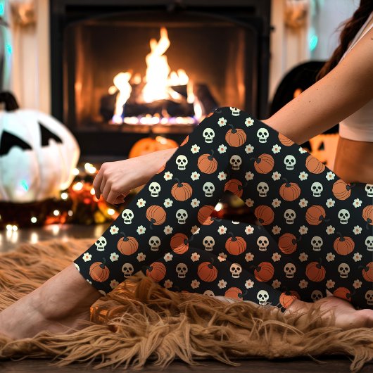 Halloween schedels, pompoenen en zwarte bloemen leggings