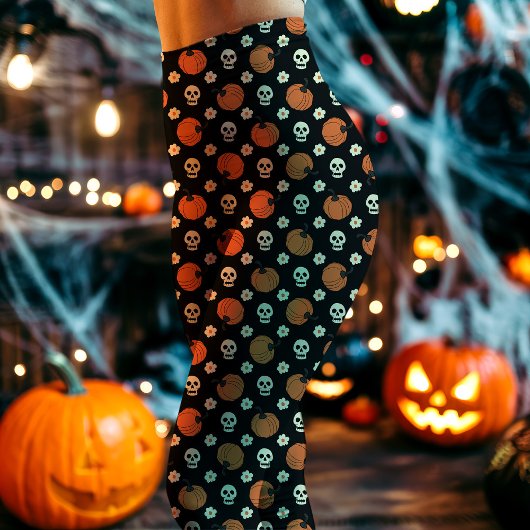 Halloween schedels, pompoenen en zwarte bloemen leggings