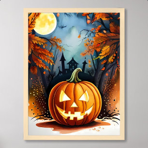 Halloween schilderij eng gloeiende pompoen maanlic poster