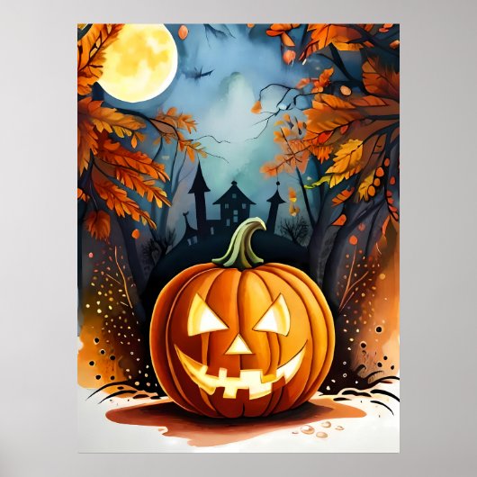 Halloween schilderij eng gloeiende pompoen maanlic poster (Voorkant)