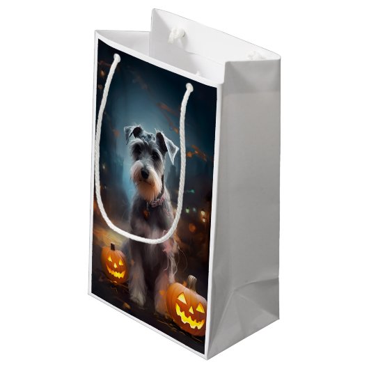Halloween Schnauzer met pompoenen Klein Cadeauzakje (Achterkant Gekanteld)