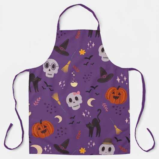 Halloween Schort – Schedels, Pompoenen & Zwarte Ka (Voorkant)