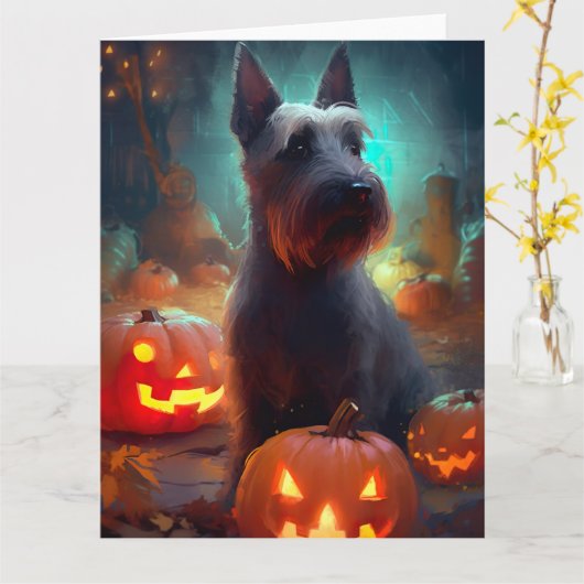 Halloween Scottish Terrier met pomkins Scary Kaart (Gele Bloem)