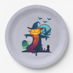 Halloween screcrow met vleermuizen en kippen papieren bordje
