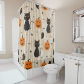 Halloween seamless pattern with black cat and ghos douchegordijn (In situ)