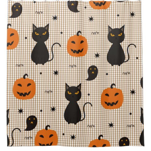 Halloween seamless pattern with black cat and ghos douchegordijn (Voorkant)