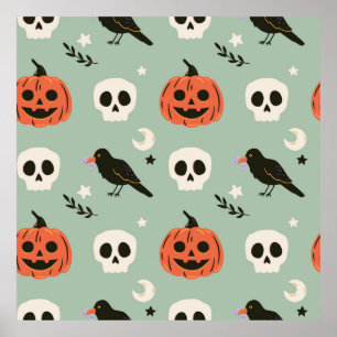 Halloween seamless pattern with ravens, skulls and poster
