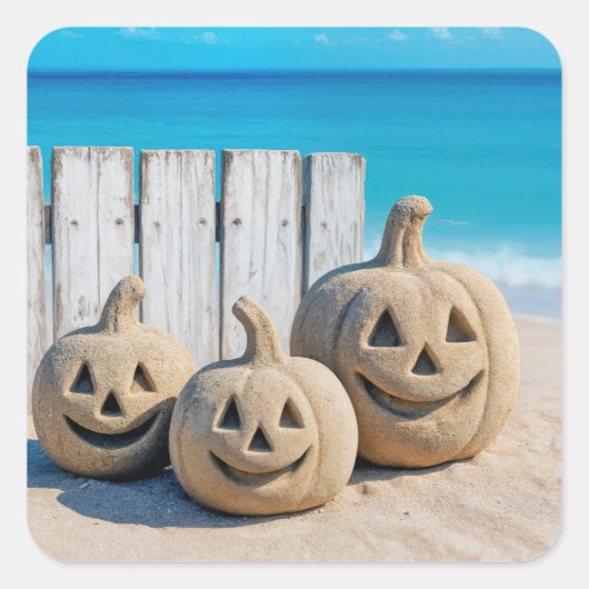Halloween Seashore Sand Jack o' Lanterns  Vierkante Sticker (Voorkant)