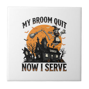 Halloween serveerster shirt bezem gebroken humor_1 tegeltje