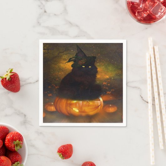 Halloween servet/zwarte kat zittend op pompoen servetten (Insitu)