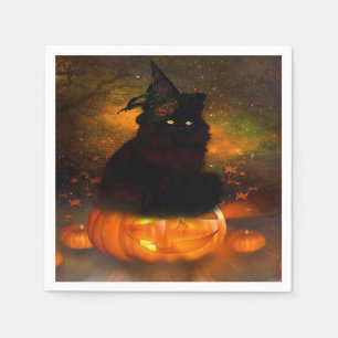 Halloween servet/zwarte kat zittend op pompoen servetten