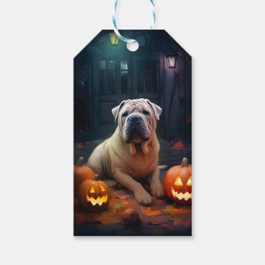 Halloween Shar Pei met pompoenen eng Cadeaulabel (Voorkant)