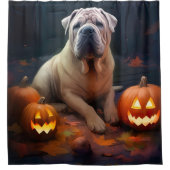 Halloween Shar Pei met pompoenen eng Douchegordijn (Voorkant)