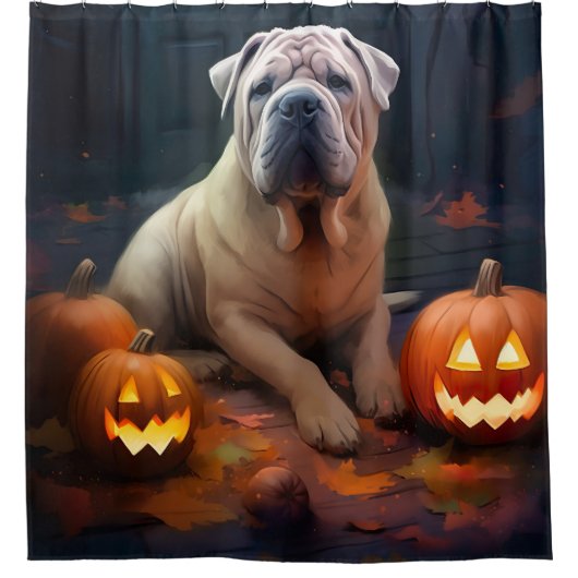 Halloween Shar Pei met pompoenen eng Douchegordijn (Voorkant)
