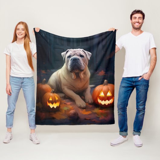 Halloween Shar Pei met pompoenen eng Fleece Deken (In situ)