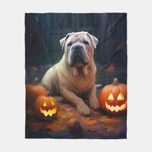 Halloween Shar Pei met pompoenen eng Fleece Deken (Voorkant)