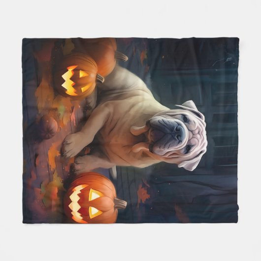 Halloween Shar Pei met pompoenen eng Fleece Deken (Voorkant (Horizontaal))