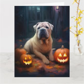 Halloween Shar Pei met pompoenen eng Kaart (Gele Bloem)