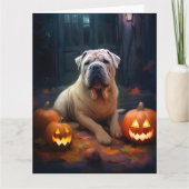 Halloween Shar Pei met pompoenen eng Kaart (Voorkant)