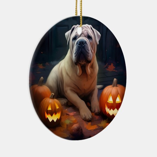 Halloween Shar Pei met pompoenen eng Keramisch Ornament (Rechts)