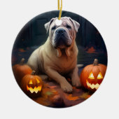 Halloween Shar Pei met pompoenen eng Keramisch Ornament (Voorkant)