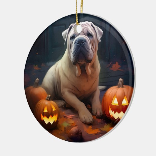 Halloween Shar Pei met pompoenen eng Keramisch Ornament (Links)