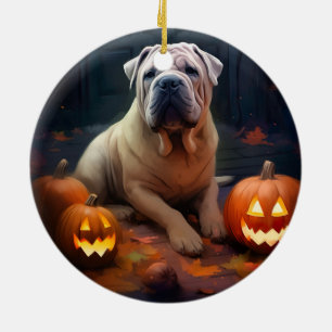 Halloween Shar Pei Met Pompoenen Eng Keramisch Ornament