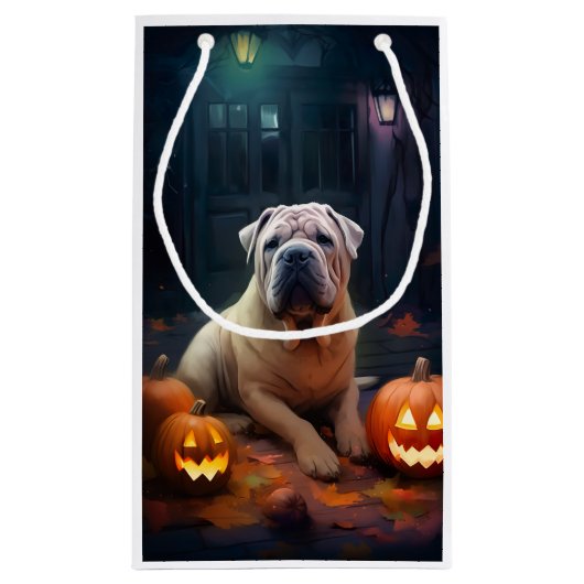 Halloween Shar Pei met pompoenen eng Klein Cadeauzakje (Achterkant)