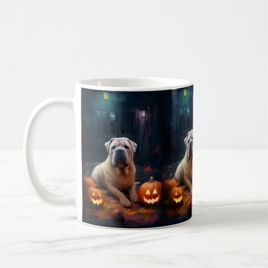 Halloween Shar Pei met pompoenen eng Koffiemok (Links)