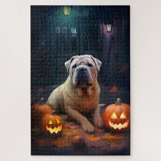 Halloween Shar Pei met pompoenen eng Legpuzzel (Verticaal)