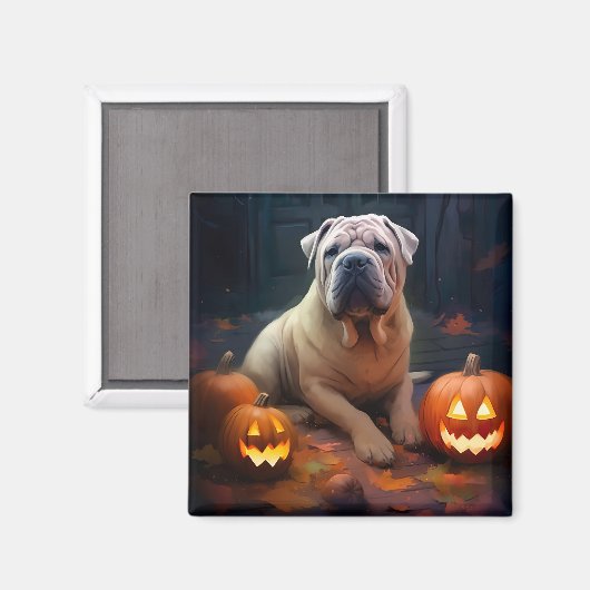 Halloween Shar Pei met pompoenen eng Magneet (Voorkant / Achterkant)
