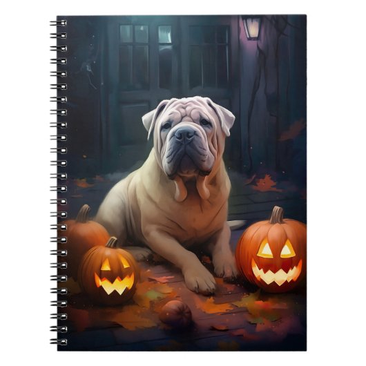 Halloween Shar Pei met pompoenen eng Notitieboek (Voorkant)