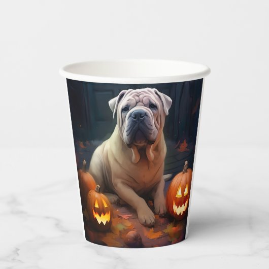 Halloween Shar Pei met pompoenen eng Papieren Bekers (Achterkant)