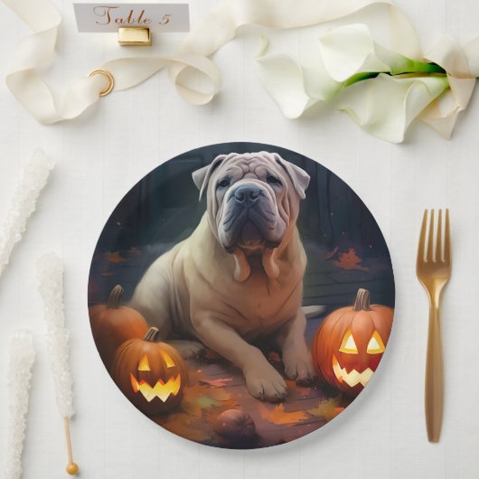 Halloween Shar Pei met pompoenen eng Papieren Bordje (Huwelijk)