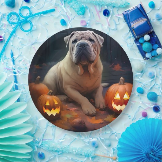 Halloween Shar Pei met pompoenen eng Papieren Bordje (Feest)