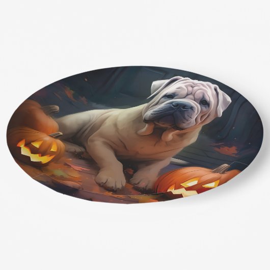 Halloween Shar Pei met pompoenen eng Papieren Bordje (Gekanteld)
