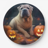 Halloween Shar Pei met pompoenen eng Papieren Bordje (Voorkant)