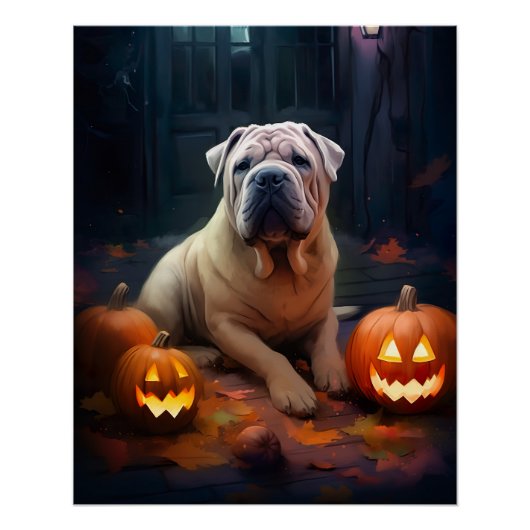 Halloween Shar Pei met pompoenen eng Perfect Poster (Voorkant)