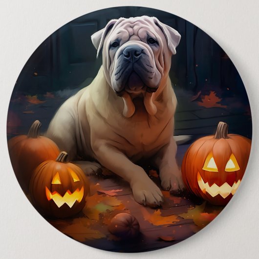 Halloween Shar Pei met pompoenen eng Ronde Button 6,0 Cm (Voorkant)