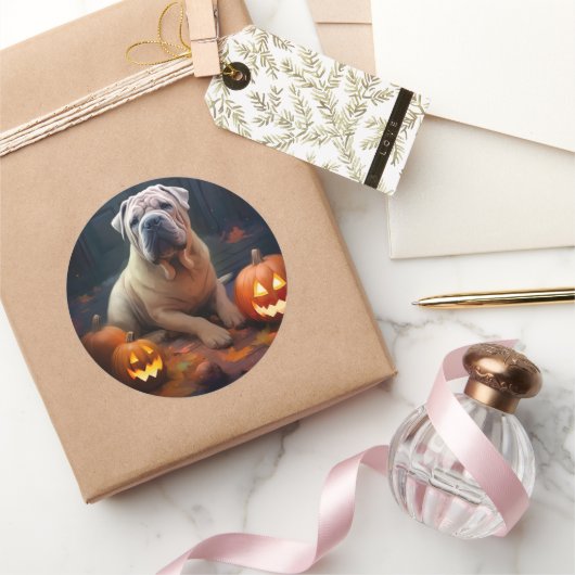 Halloween Shar Pei met pompoenen eng Ronde Sticker (Geschenken)