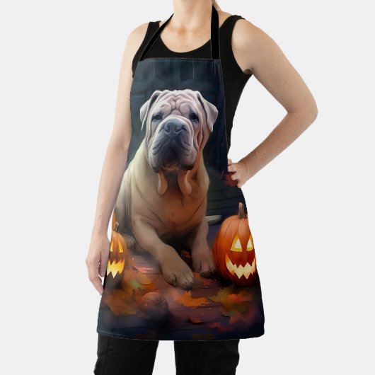Halloween Shar Pei met pompoenen eng Schort (Insitu)