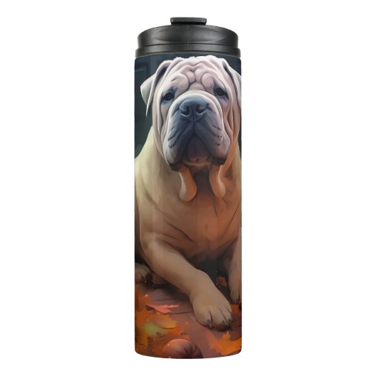 Halloween Shar Pei met pompoenen eng Thermosbeker (Voorkant)
