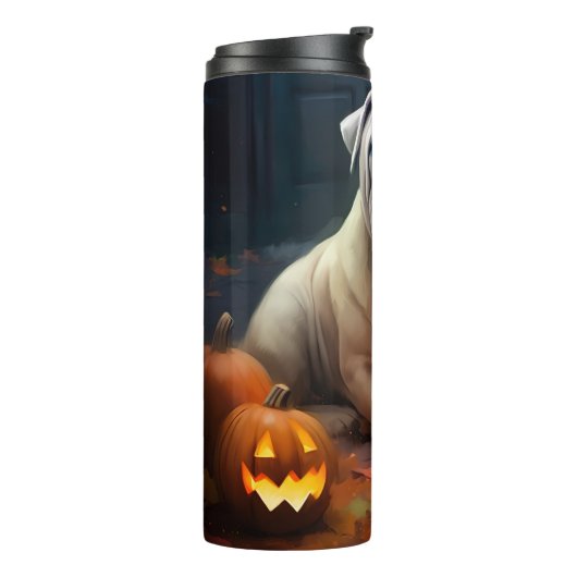 Halloween Shar Pei met pompoenen eng Thermosbeker (Gedraaid links)