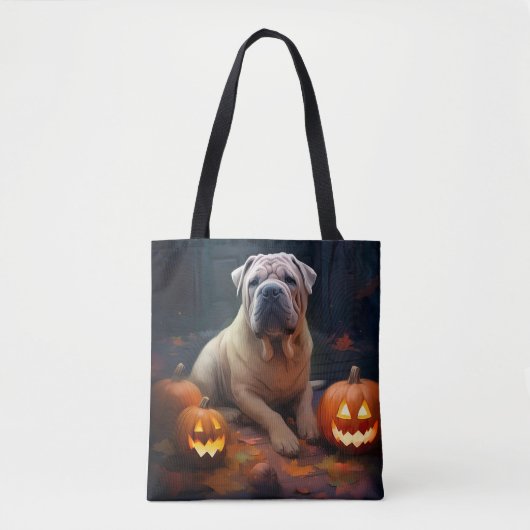 Halloween Shar Pei met pompoenen eng Tote Bag (Voorkant)